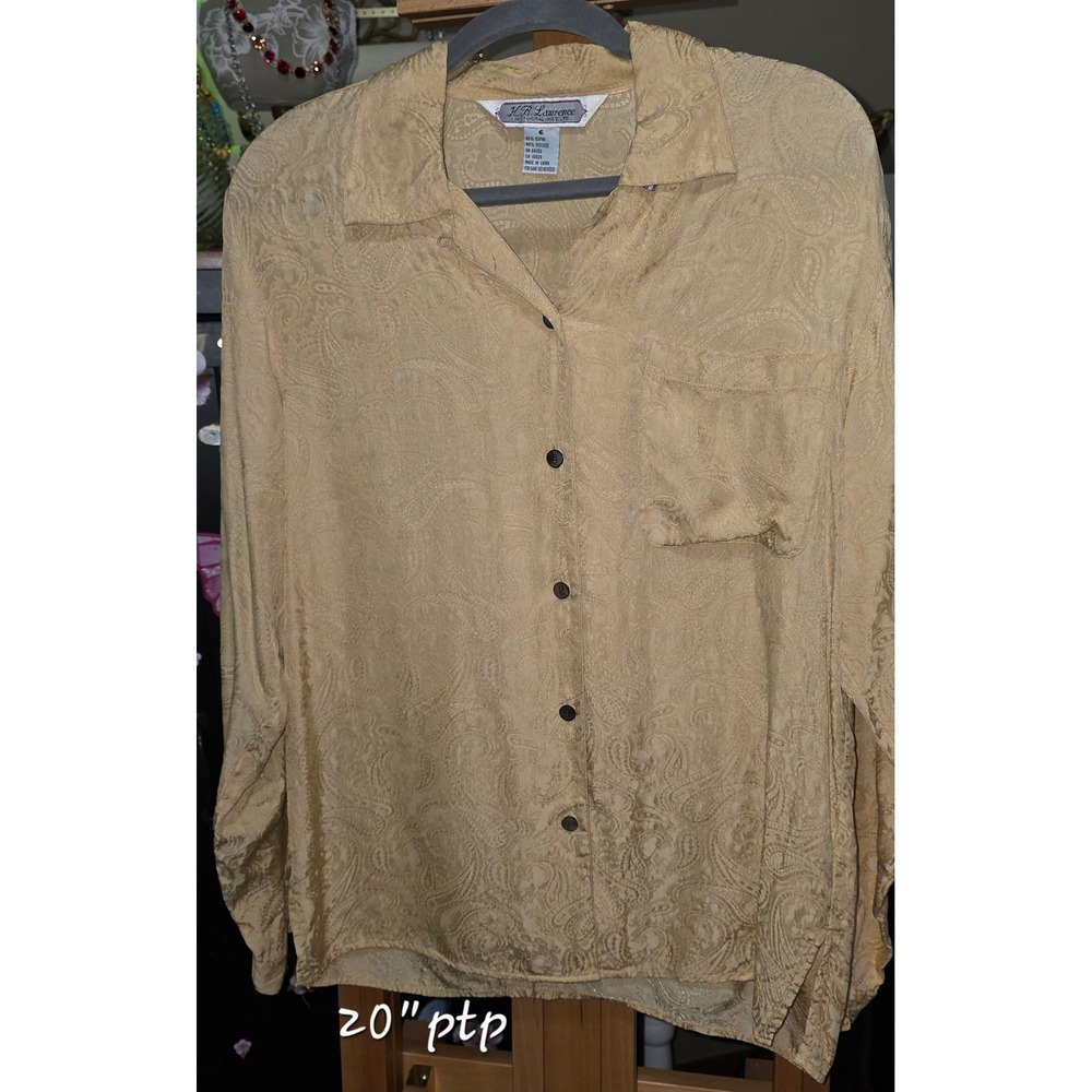 H.B. Lawrence Paisley Jacquard Blouse Gold Cupro Viscose Button Up Small